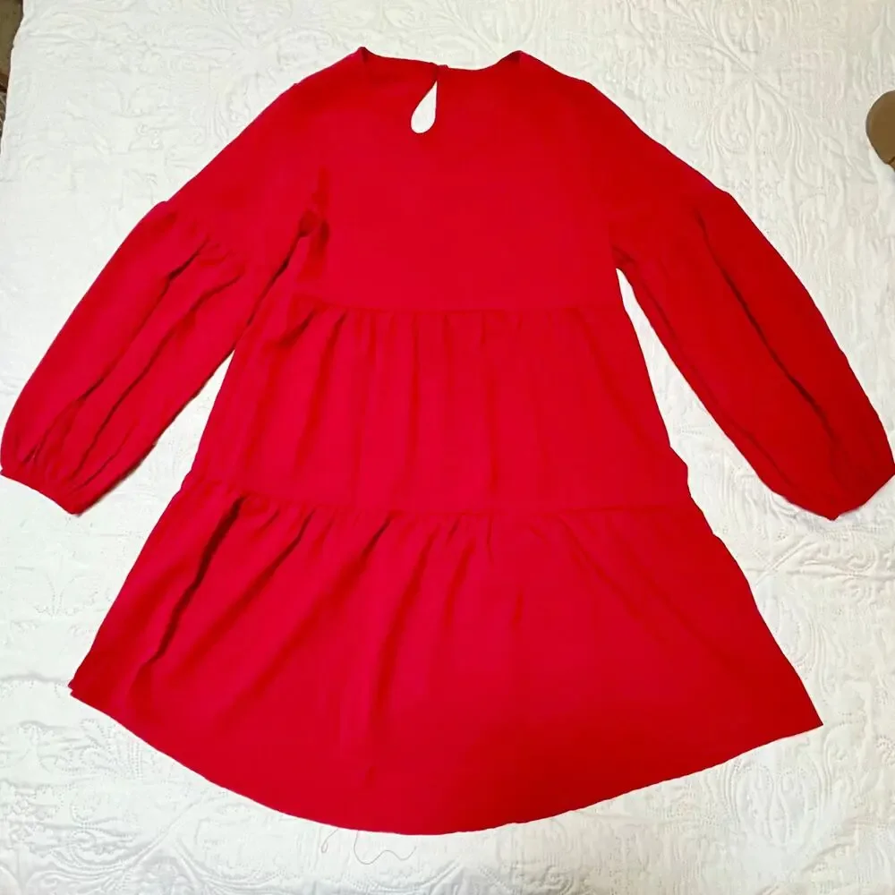Tiered Long Sleeve Solid Red Dress